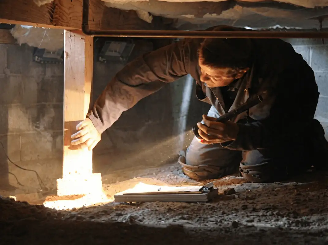 A professional inspecting wooden beams under the floor of a structure in Oakland, CA